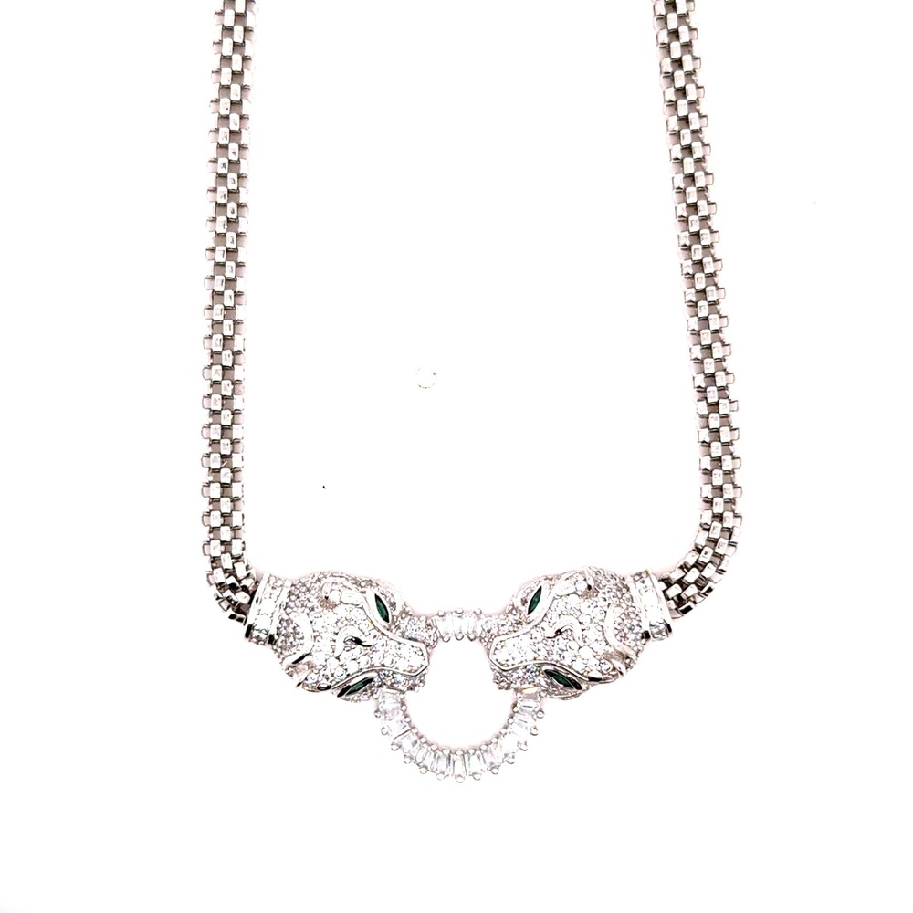 Double Panther Head Necklace Silver Tone Green Eye Crystal Mesh Chain 18 Inch